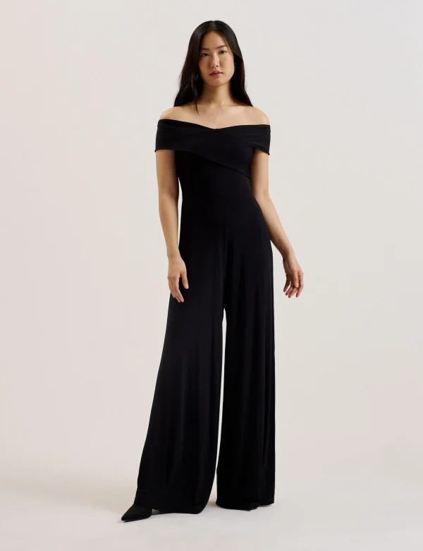 Almhaa Off Shoulder Wide Leg Jersey Jumpsuit