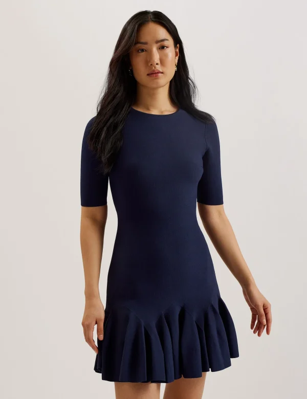 Alzann Pleated Hem Knitted Bodycon Mini Dress