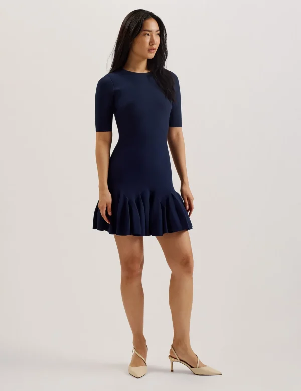 Alzann Pleated Hem Knitted Bodycon Mini Dress