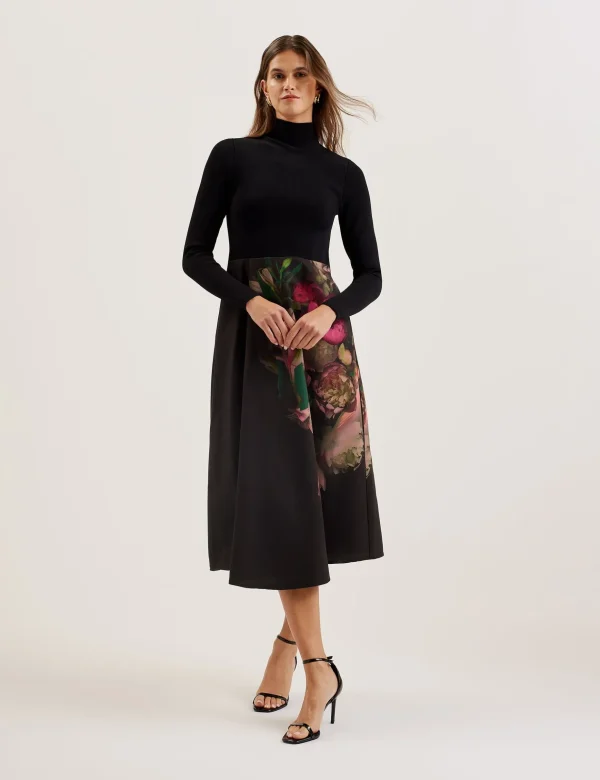 Asnes Knit Bodice Midi Dress With Printed Skirt