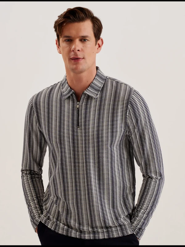 Capuzzo Long Sleeve Geo Stripe Zip Polo Shirt