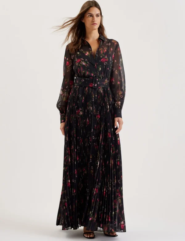 Ceiba Floral Print Pleated Maxi Shirt Dress