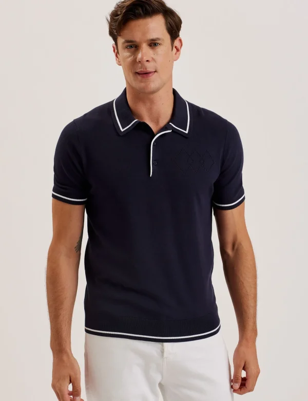 Dunow Pointelle Detail Striped Trim Polo Shirt