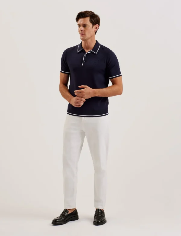 Dunow Pointelle Detail Striped Trim Polo Shirt