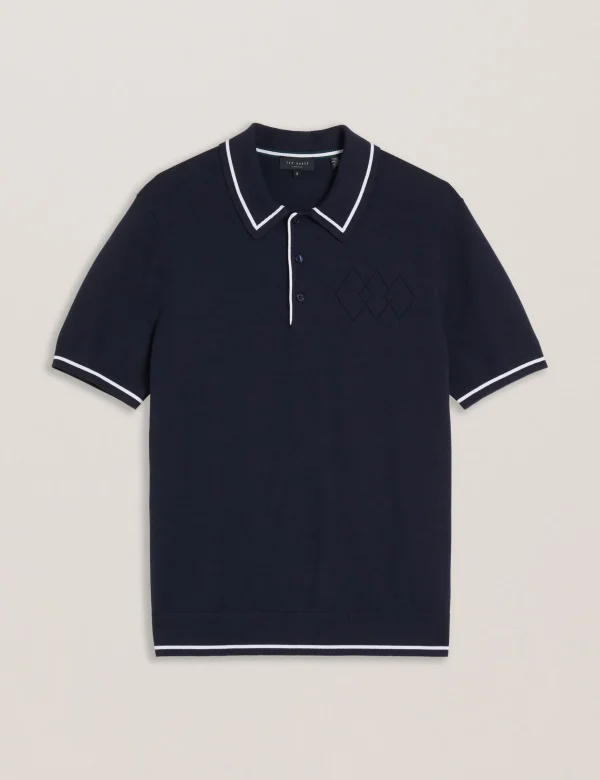 Dunow Pointelle Detail Striped Trim Polo Shirt