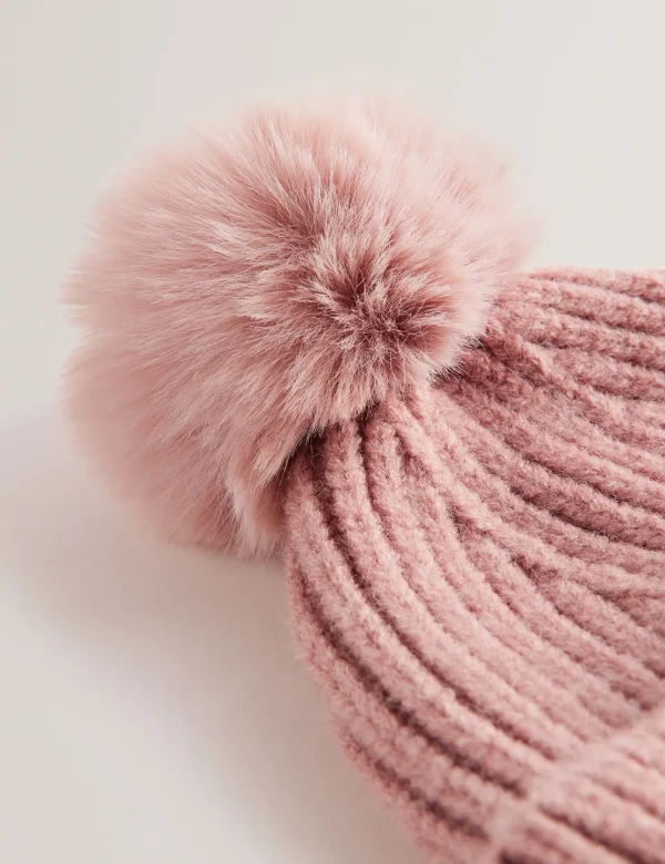 Emilyya Ribbed Knit Fluffy Bobble Hat