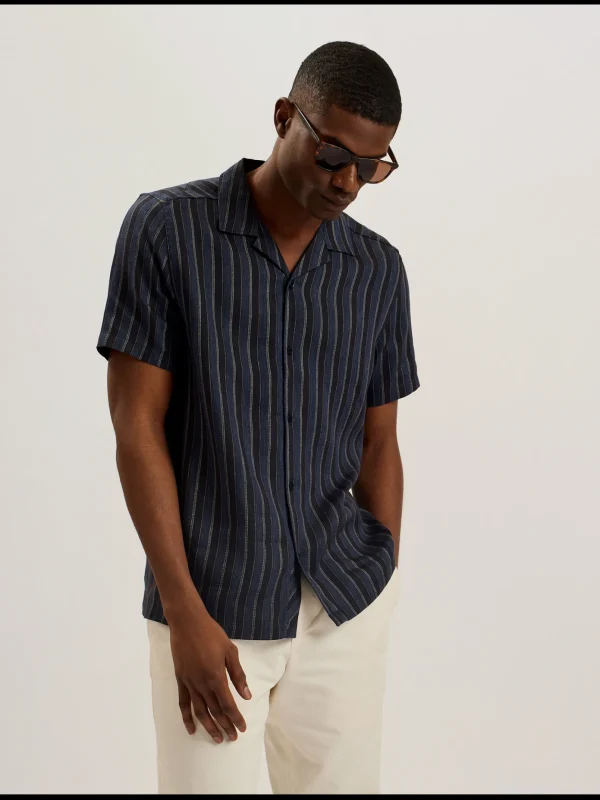 Francoi Striped Cotton Linen Short Sleeve Shirt