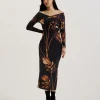 Josefen Printed Bardot Long Sleeve Midi Dress