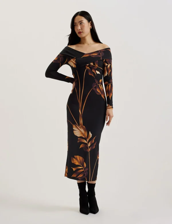 Josefen Printed Bardot Long Sleeve Midi Dress