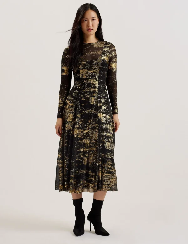 Junhaa Foil Print Long Sleeve Mesh Midi Dress