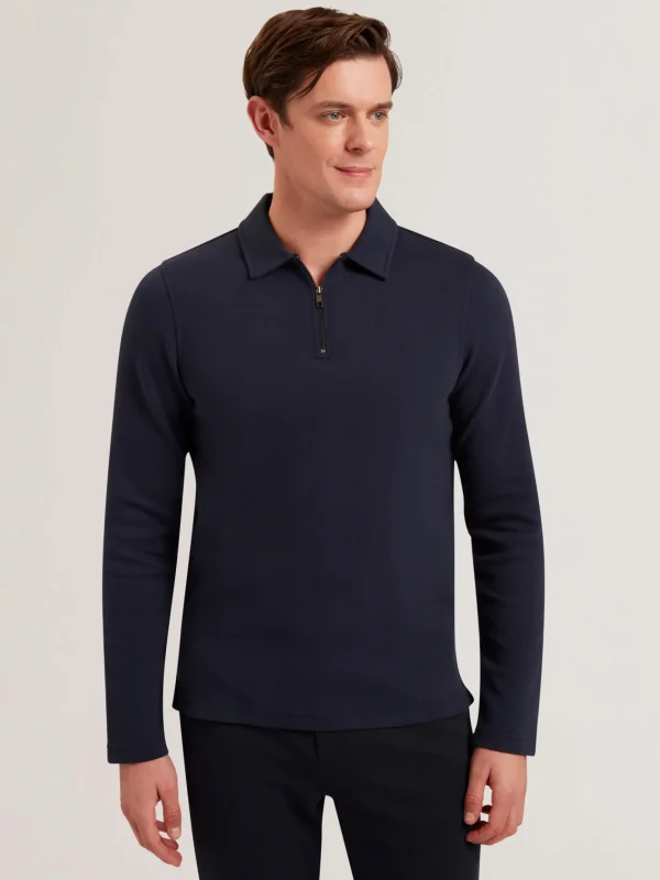 Kalend Long Sleeve Zip Neck Herringbone Polo