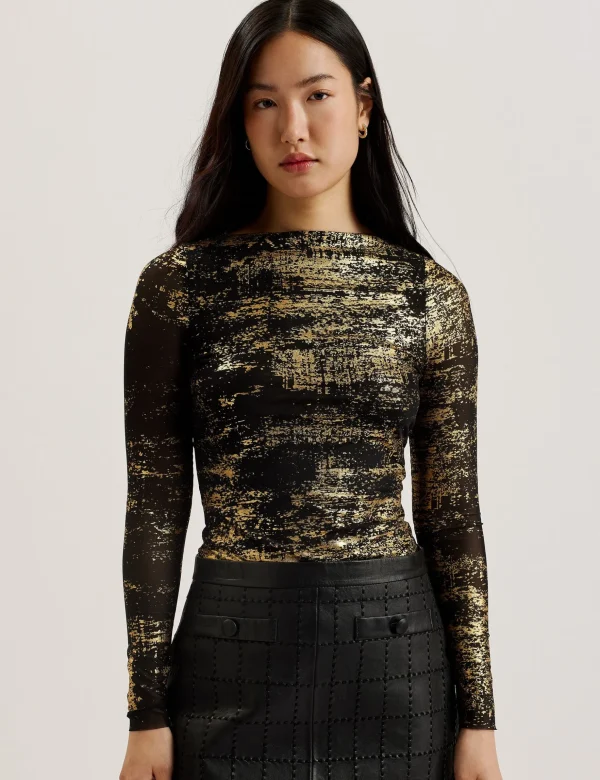 Karenha Foil Printed Slash Neck Mesh Top