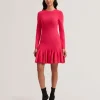 Loisss Flounce Hem Long Sleeve Knitted Mini Dress