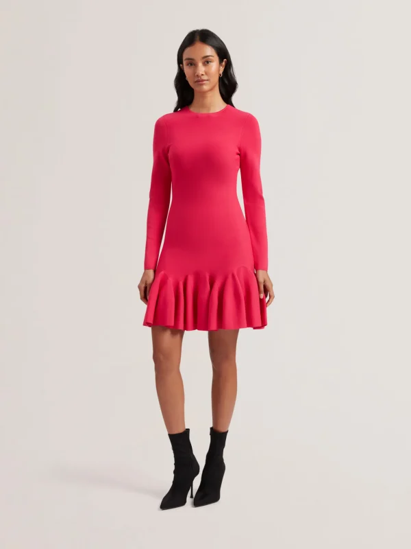 Loisss Flounce Hem Long Sleeve Knitted Mini Dress