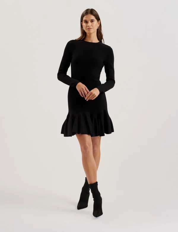 Loisss Flounce Hem Long Sleeve Knitted Mini Dress