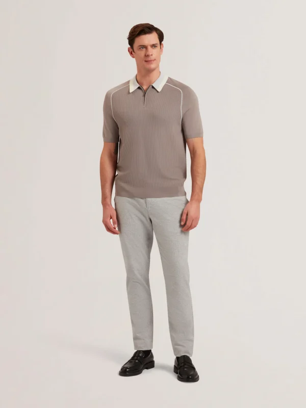 Paxto Textured Zip Polo With Striped Collar