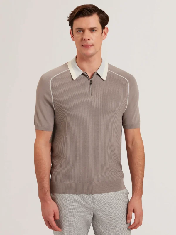 Paxto Textured Zip Polo With Striped Collar