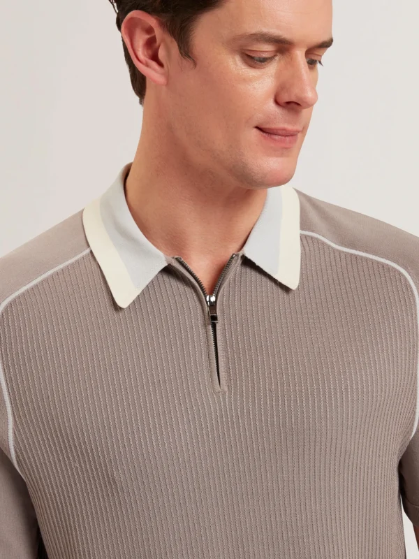 Paxto Textured Zip Polo With Striped Collar