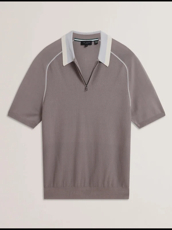 Paxto Textured Zip Polo With Striped Collar