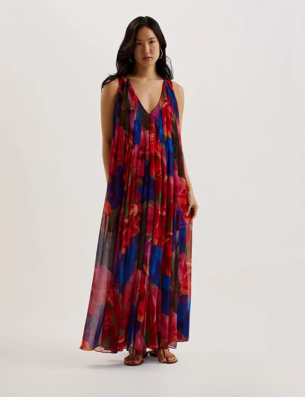 Rabiusa Organza Tropical Bloom V-neck Maxi Dress