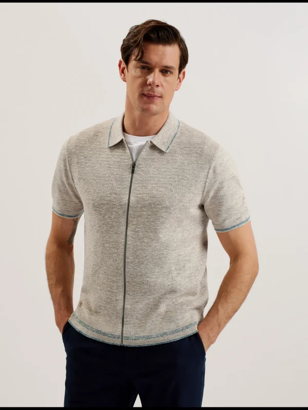 Rojor Short Sleeve Zip Through Textured Front Polo