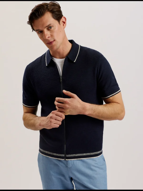 Rojor Short Sleeve Zip Through Textured Front Polo