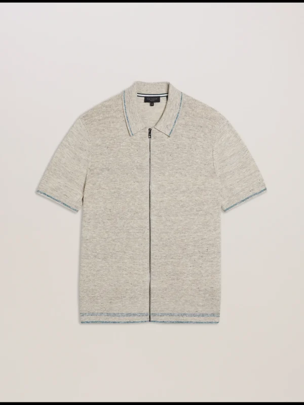 Rojor Short Sleeve Zip Through Textured Front Polo