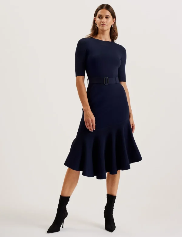 Samalee Flippy Hem Knitted Midi Dress With Belt