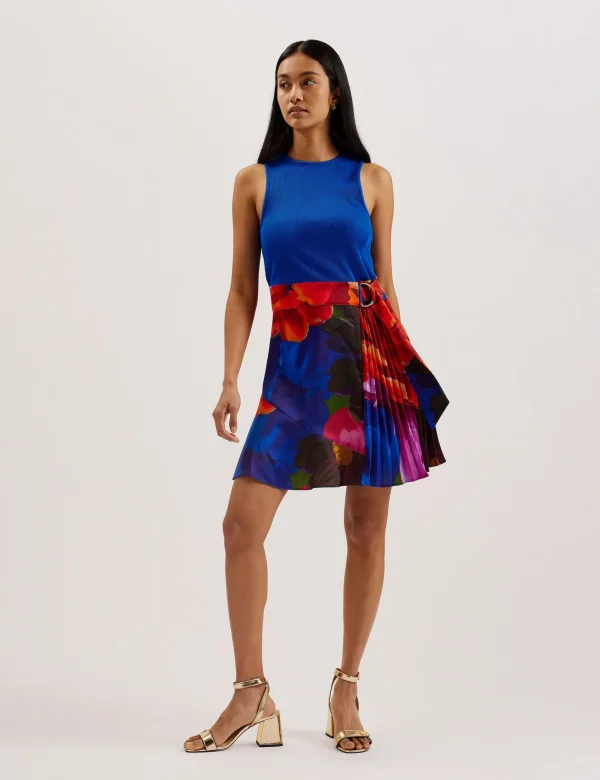 Sandiyy Printed Pleated Mini Dress with Knit Bodice