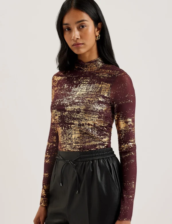 Sofiy Foil Print High Neck Mesh Top