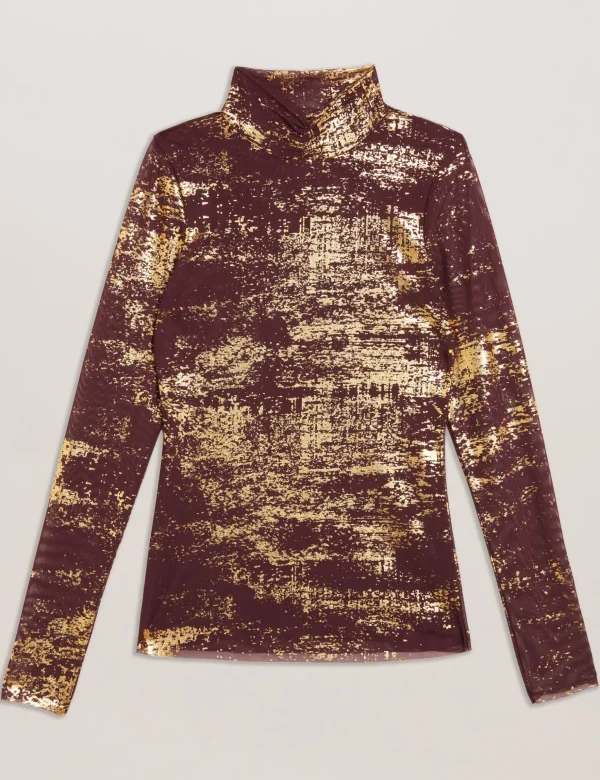 Sofiy Foil Print High Neck Mesh Top