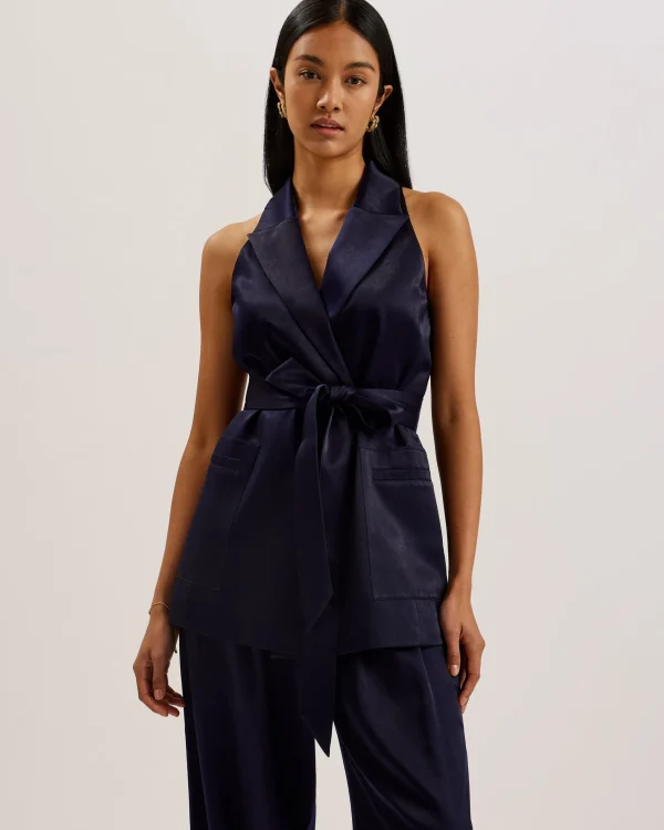 Teeru Tailored Satin Longline Vest with Belt