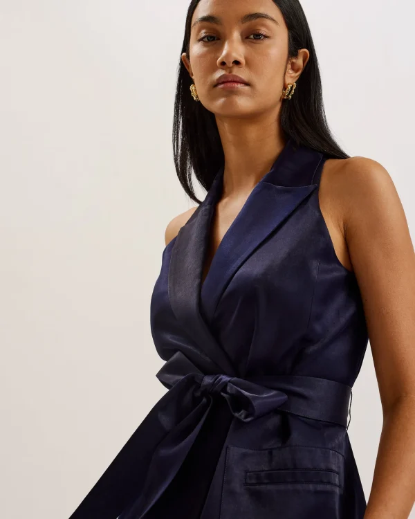 Teeru Tailored Satin Longline Vest with Belt