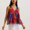 Vernoge Organza Tropical Bloom V-neck Pleated Top