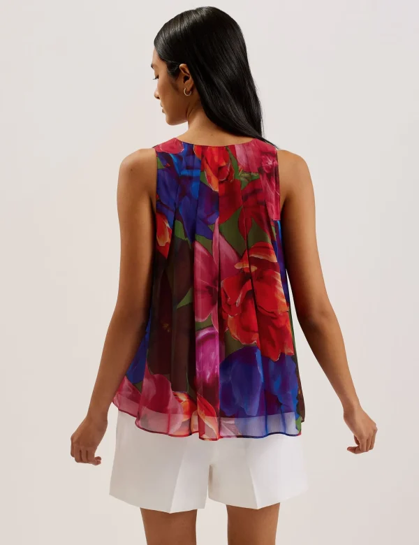 Vernoge Organza Tropical Bloom V-neck Pleated Top